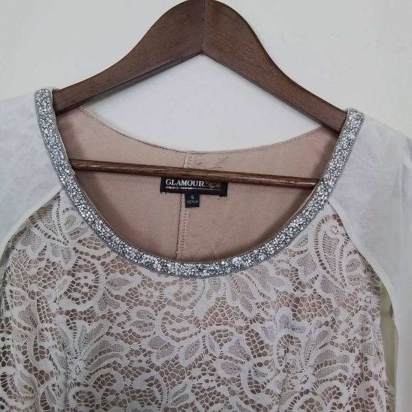 Glamour Nights White Size 6 Round Neck Lace Side Slit Midi Dress Flutter Sleeve - Picture 3 of 13